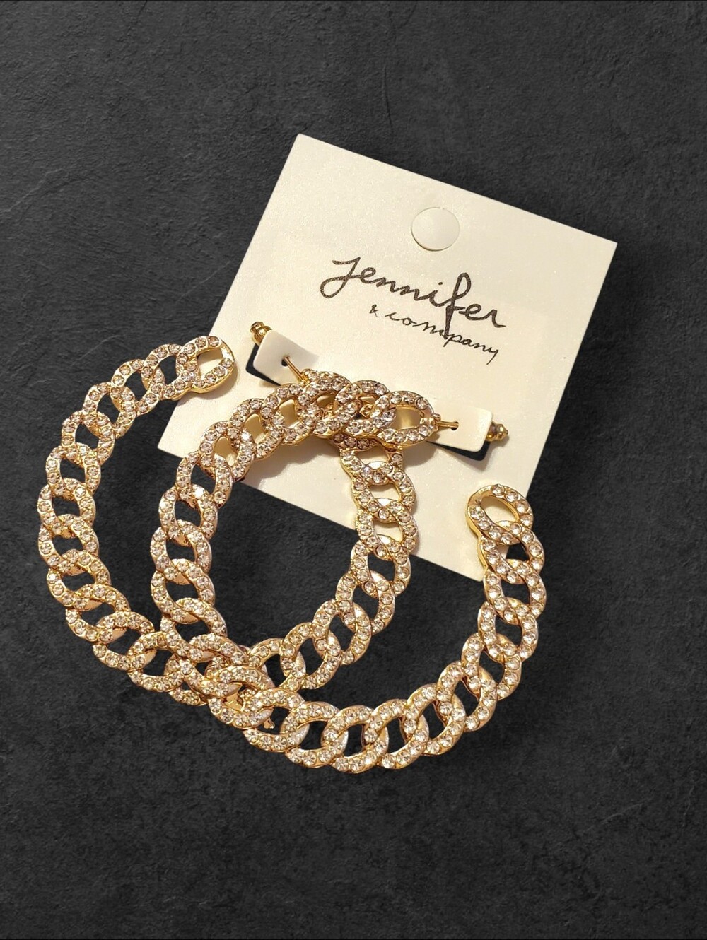 Gold Chain Link Open Hoop Flat Earrings with Rhinestones